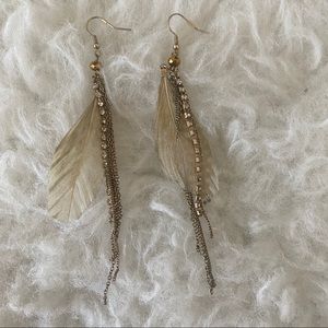 Gold feather dangle earrings, like new condition